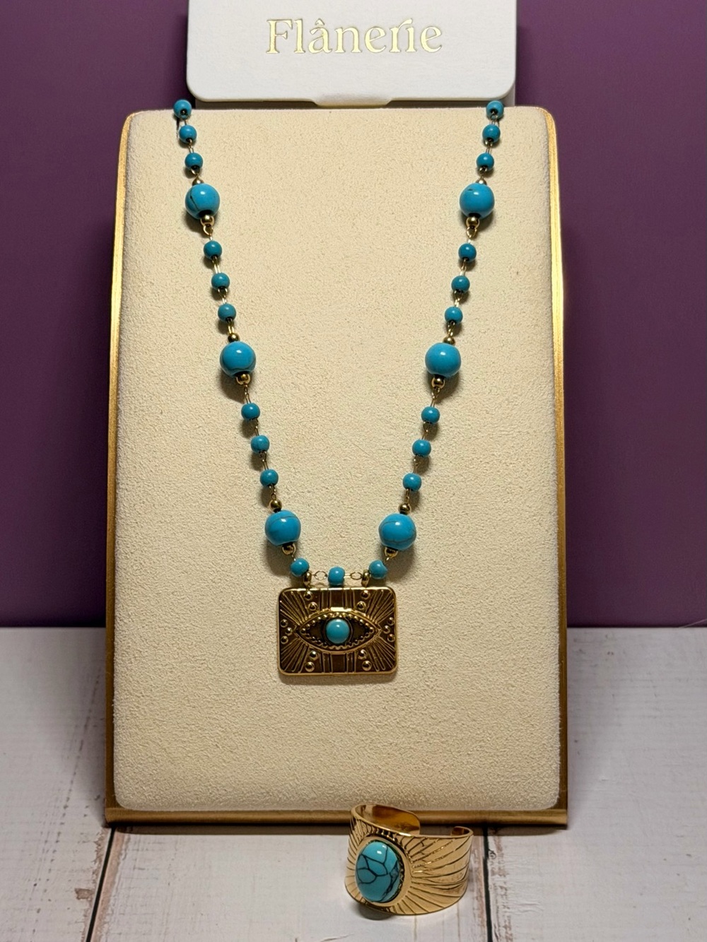 Flânerie 18K Gold Plated Turquoise Evil Eye Necklace & Ring Set
